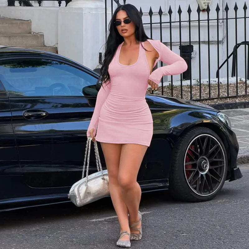 Scoop Neck Bodycon Mini Dress with Matching Long Sleeve Shrug Overlay Sexy 2 Piece Sets Woman Fall Outfits