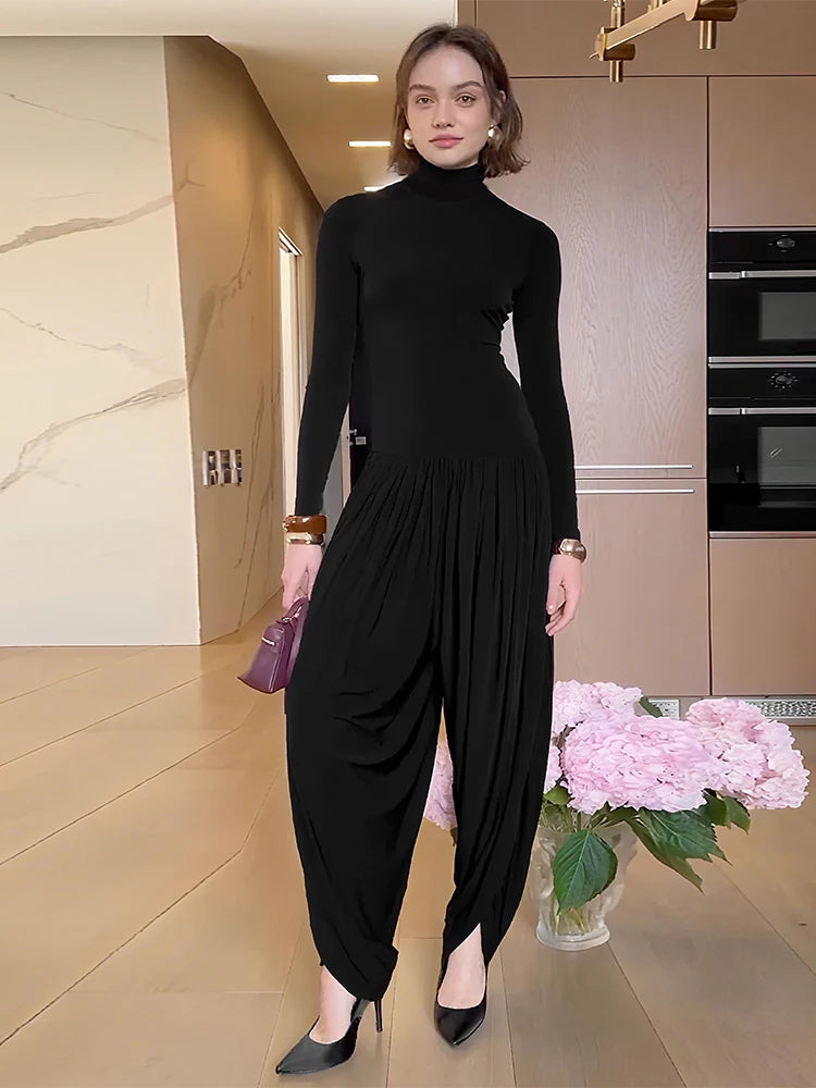 Casual Office Jumpsuit Woman Ruched y2k Trend Turtleneck Full Sleeve Streetwear Simple Basic Elegant Fall Overalls