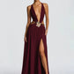 Hollow Out Deep V Neck Sexy Maxi Dress Women Gown Metal Buckle Sleeveless Backless Thigh High Split Club Party Dresses