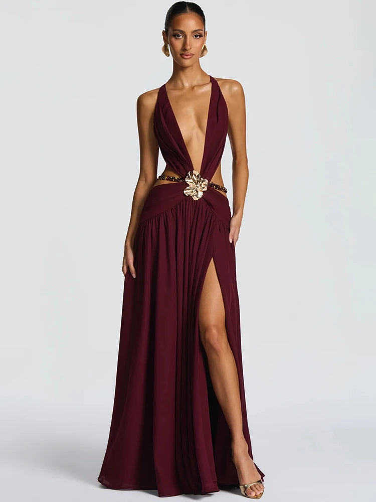 Hollow Out Deep V Neck Sexy Maxi Dress Women Gown Metal Buckle Sleeveless Backless Thigh High Split Club Party Dresses