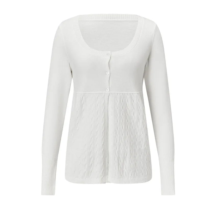 Women Fall Daily Cable Knit Cardigan U Neck Striped Single Breasted Button Front Long Sleeve Lightweight Knit Outer Top
