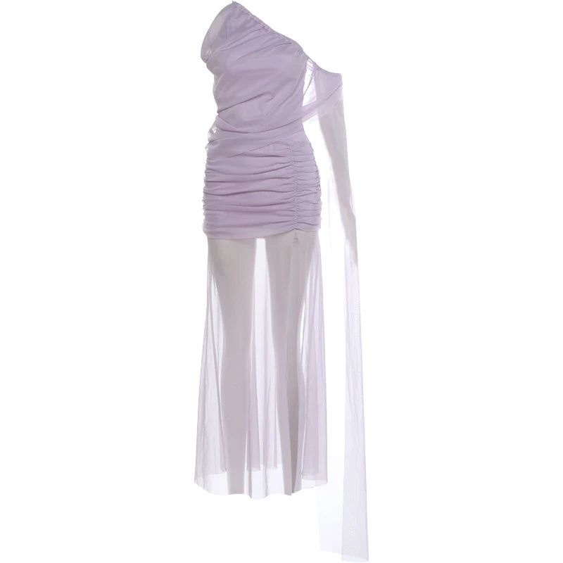 See Through Hem Maxi Dress Women Inclined Shoulder Folds Long Tassel Sleeveless Elegant Vacation Party Chic Vestidos