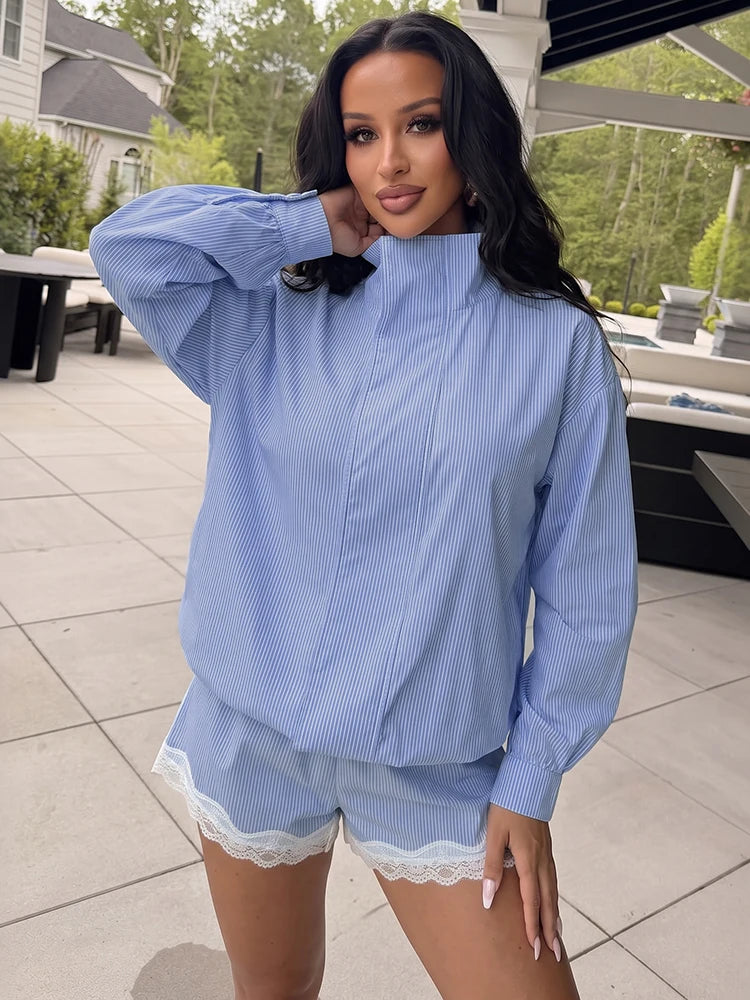 Stripe Patchwork 2 Piece Set Woman Autumn Trend Turtleneck Full Sleeve T-Shirts+Lace Edge Decoration Shorts Suits