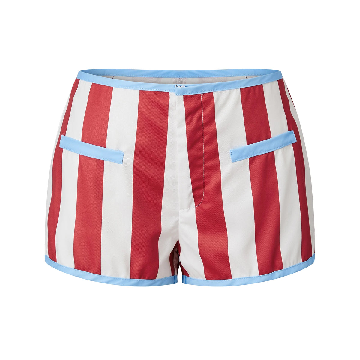 Retro Y2K Women Vertical Striped Low Rise Hot Pants Contrast Color Edge Fake Pockets Front Zip Slim Fit Mini Shorts