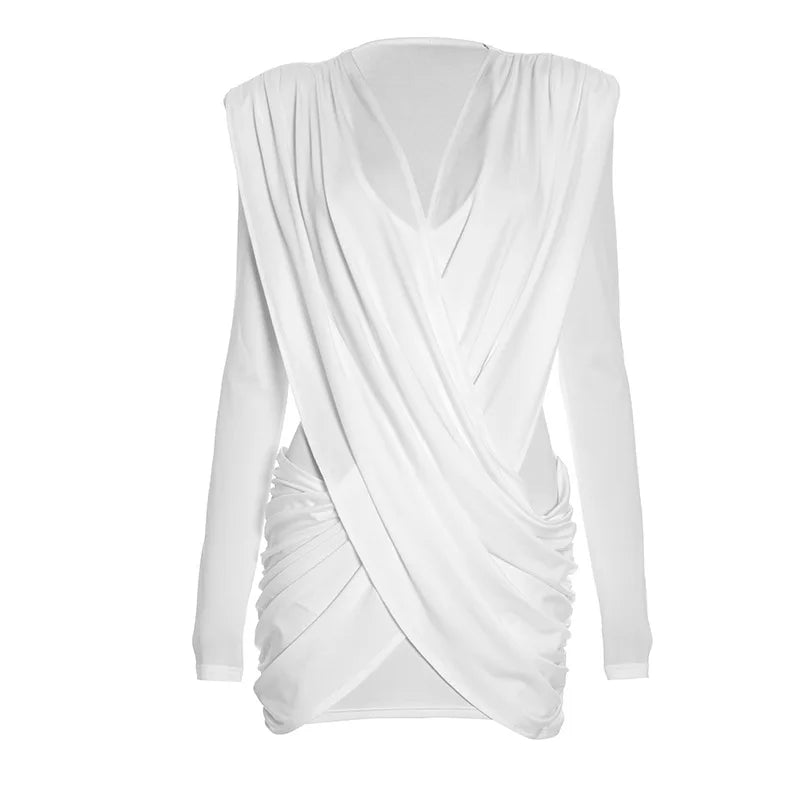 Deep V Neck Ruched Long Sleeve Mini Dress Woman Clothes Fall Sexy White Dresses Nightclub Outfits