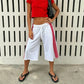 Women Side Striped Wide Leg Capri Pants Elastic Waist Raw Hem Loose Baggy Cropped Sweatpants Casual Jogger Trousers