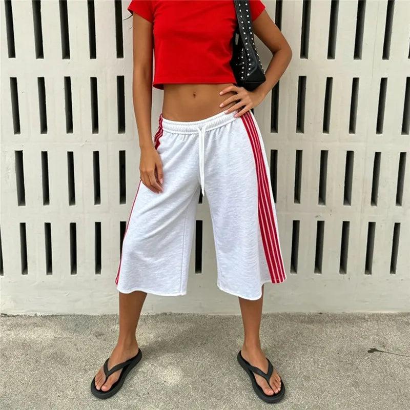 Women Side Striped Wide Leg Capri Pants Elastic Waist Raw Hem Loose Baggy Cropped Sweatpants Casual Jogger Trousers