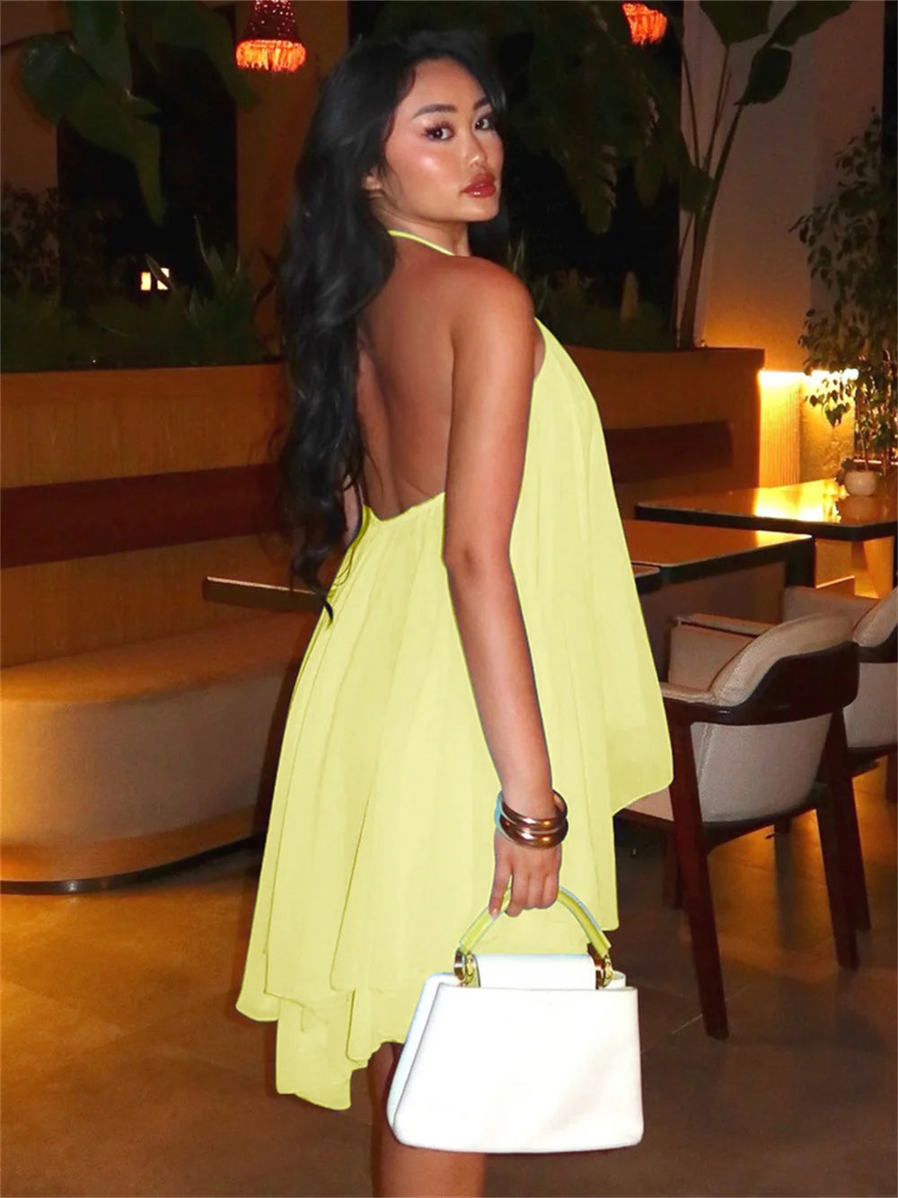 Halter Loose Dress Women Y2K Summer Sleeveless Backless Tiered Lrregular Hem Beach Vacation Sexy Trend Party Bodycon