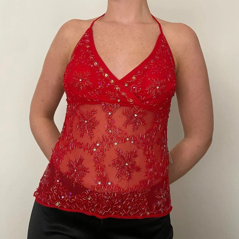 Women's Sequin Halter Tank Tops Sleeveless V-Neck Backless Slim Fit Sheer Mesh Vest Y2k Sparkle Club Party Rave Outfit