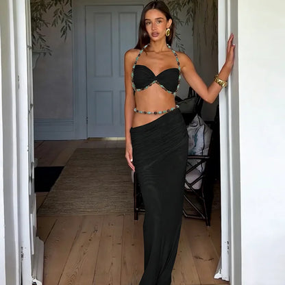 2 Piece Set Beaded Halter Top and Long Skirt Green Sexy Vacation Outfits Women Matching Sets Summer 2026