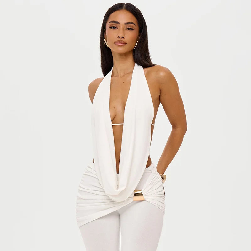 Sexy Black Two Piece Outfit for Woman Open Back Halter Top Metal Buckle Flare Pants Matching Sets Club Wear