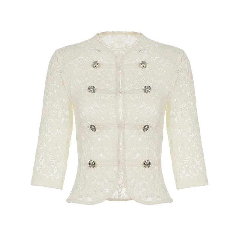 Elegant See Through White Lace Shirts for Woman Clothing Single Breasted 3/4 Sleeve Crop Tops