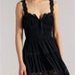 Women Spaghetti Strap Babydoll Dress Lace Trim V Neck Tiered Ruffle Hem Backless Smocked Flowy Mini Dress Vacation Beach