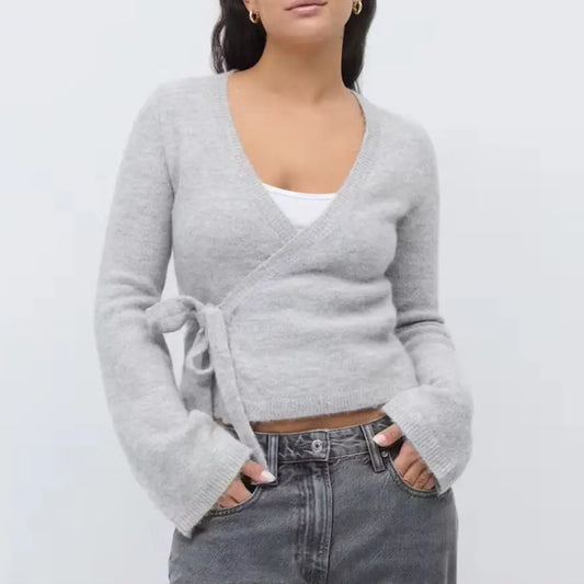 Wrap Sweater Tops for Women Lightweight Side Tie Front Ballet Wrap Cardigan Elegant V Neck Fitted Cropped Sweaters