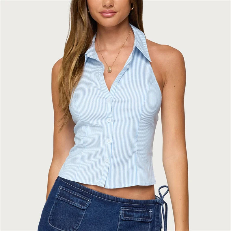 Women Y2K Striped Halter Neck Tank Top Sleeveless Collared Backless Button Down Slim Fit Cropped Shirt Summer Streetwear
