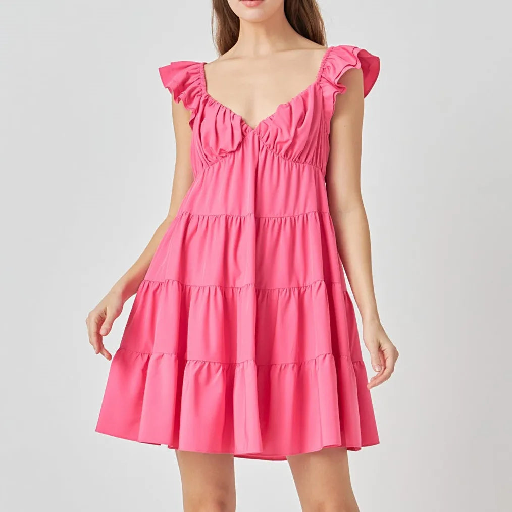 Women Tiered Mini Dress Solid Color V Neck Flutter Sleeve Backless A-line Short Dress for Daily Summer Vacation Sundress