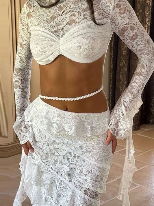 Sexy Jacquard 2 Piece Set Women Patchwork Crop Tops+Tierred Plait High Waist Skirts Matching Midnight Prom Party Clubwear