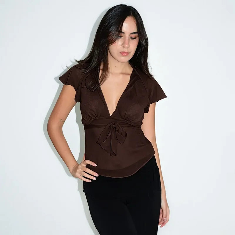 Black Sheer Mesh Blouses and Shirts for Woman Keyhole Bow Tie Flutter Sleeve Top Fashion 2026 Woman