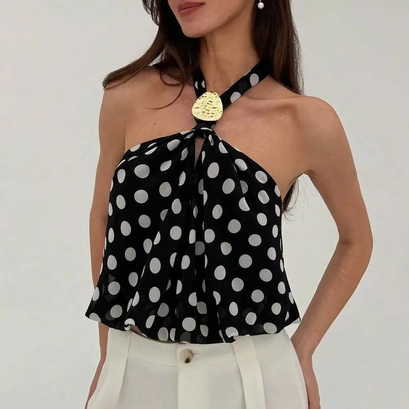 Women Bubble Tank Tops Halter Neck Sleeveless Polka Dots Print Open Back Summer Crop Vest for Daily Vacation Beach