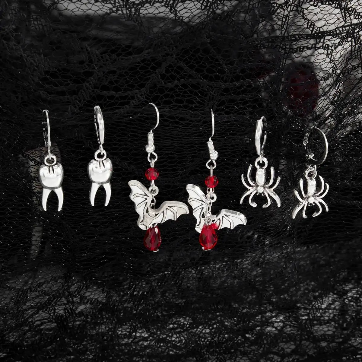 Goth Halloween Red Crystal Bat Spider Tooth Shape Pendant Earrings Trendy Personality Piercing Drop Ear Jewelry Accessory
