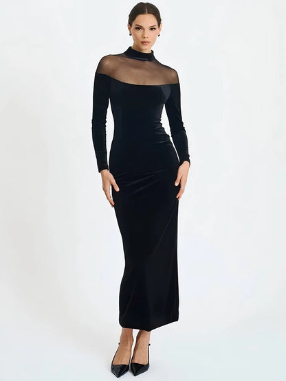 Sheer Off-shoulder Long Sleeve Sexy Maxi Dress Women Gown Elegant Half High Collar Backless Bodycon Club Party Dresses