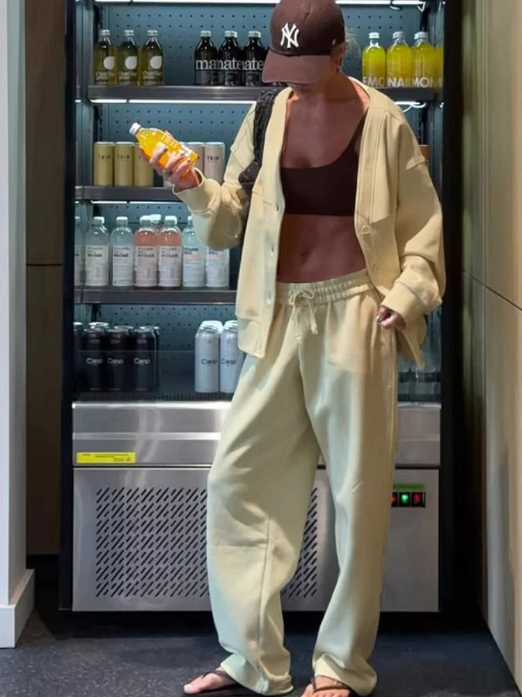 Sporty Casual Tracksuits 2 Piece Set V-Neck Single Breasted Jacket+Drawstring Pants Matching Simple Streetwear Outfits