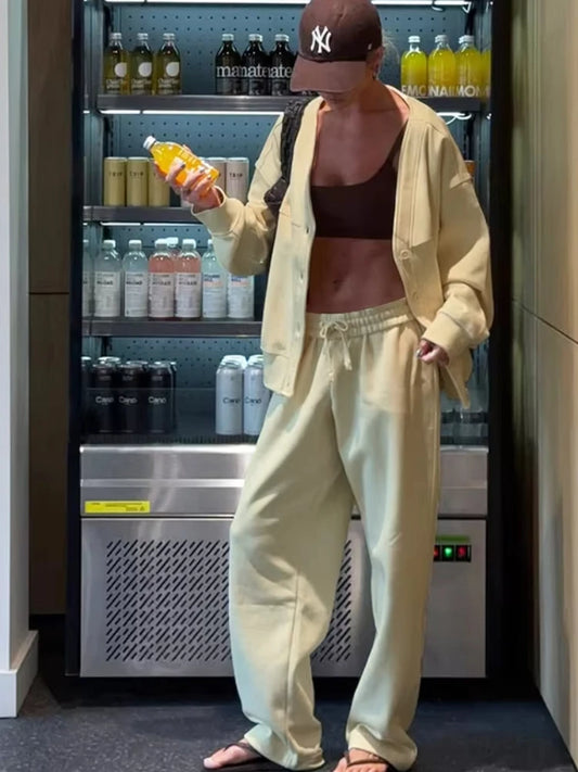 Sporty Casual Tracksuits 2 Piece Set V-Neck Single Breasted Jacket+Drawstring Pants Matching Simple Streetwear Outfits