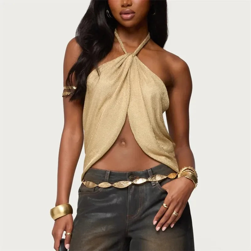 Women Y2K Sparkly Split Front Top Sleeveless Backless Halter Neck Crop Tank Top Summer Party Club Camisole Vest