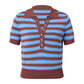 Y2K Women Lapel Knit Top Striped Short Sleeve Button V Neck Cropped T Shirt Slim Fitted Retro Casual Knitted Blouse