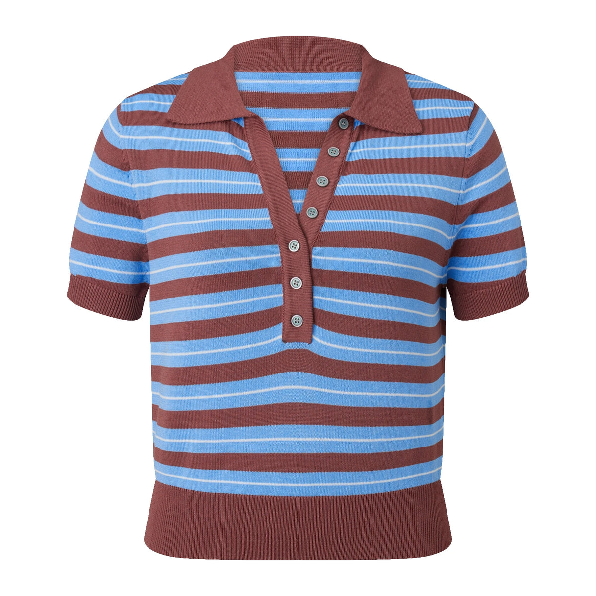Y2K Women Lapel Knit Top Striped Short Sleeve Button V Neck Cropped T Shirt Slim Fitted Retro Casual Knitted Blouse