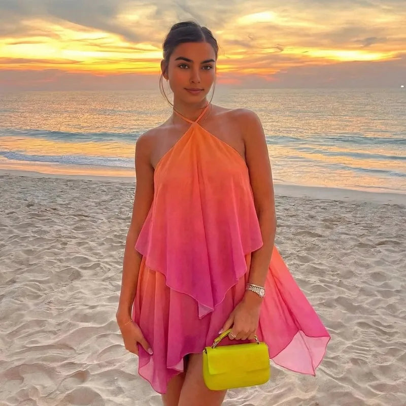 Gradient Print Backless Halter Mini Dress Sexy Summer Beach Vacation Outfits for Woman Clothing