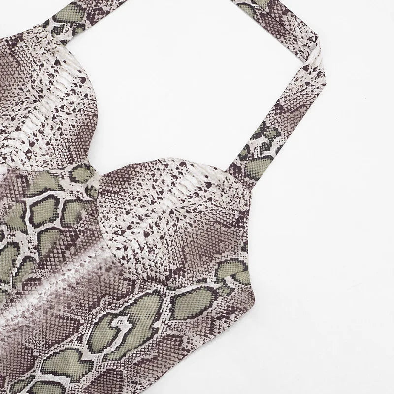 Snake Print 2-Piece Set Women Halter Low-Neck Backless Sleeveless Vest+Simple Mini Short Sexy Midnight Hottie Suit