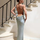 Flower Applique Backless Maxi Dress Sexy Satin Evening Party Dresses for Women Elegant Wedding Guest Outfits