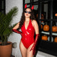 Women Devil Halloween Cosplay Costume Set Red Patent Leather Halter Bodysuit Long Metallic Gloves Devil Horn Headband