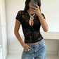Metal single-breasted T-Shirt Women Sexy Jacquard See Through Turtleneck Short Sleeve Wild Chic Trend Street Clubwear