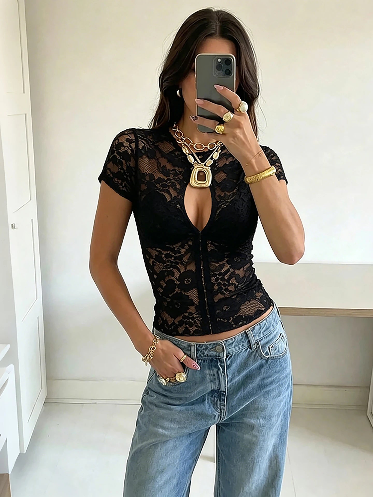 Metal single-breasted T-Shirt Women Sexy Jacquard See Through Turtleneck Short Sleeve Wild Chic Trend Street Clubwear