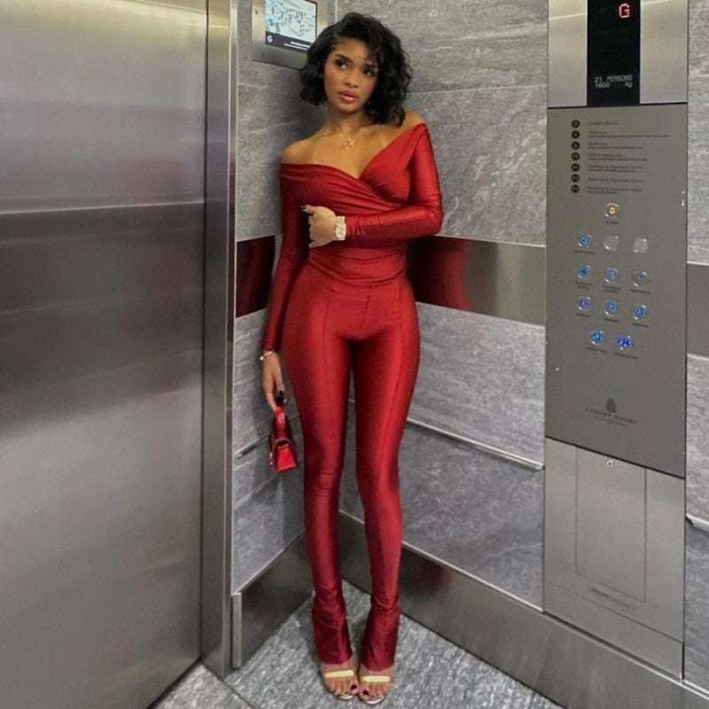 2 Piece Pant Sets Top Leggings Matching Sets Sexy Club Outfit Deep V Long Sleeve Jumpsuit Womens Fall Clothing