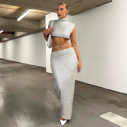 Gray Metallic Knit Long Dress Suits Women Outfits Elegant Sexy Two Piece Turtleneck Crop Top and Skirt Set