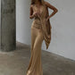 Ribbon Decoration Long Dresses Woman Ruched Elegant Deep V-Neck Sleeveless Backless Street Solid Basic Classic Vestidos