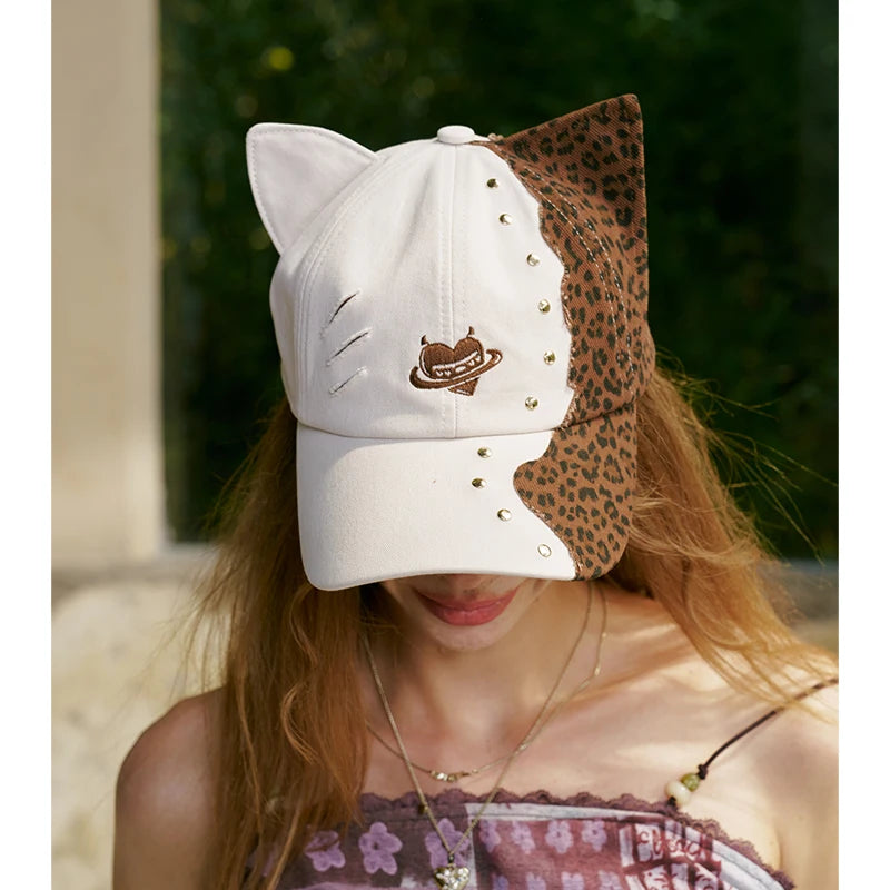 Asymmetrical Cat‑Ear Leopard Studded Baseball Cap with Embroidery Detail, Y2K Stylish Sun Hat for Street