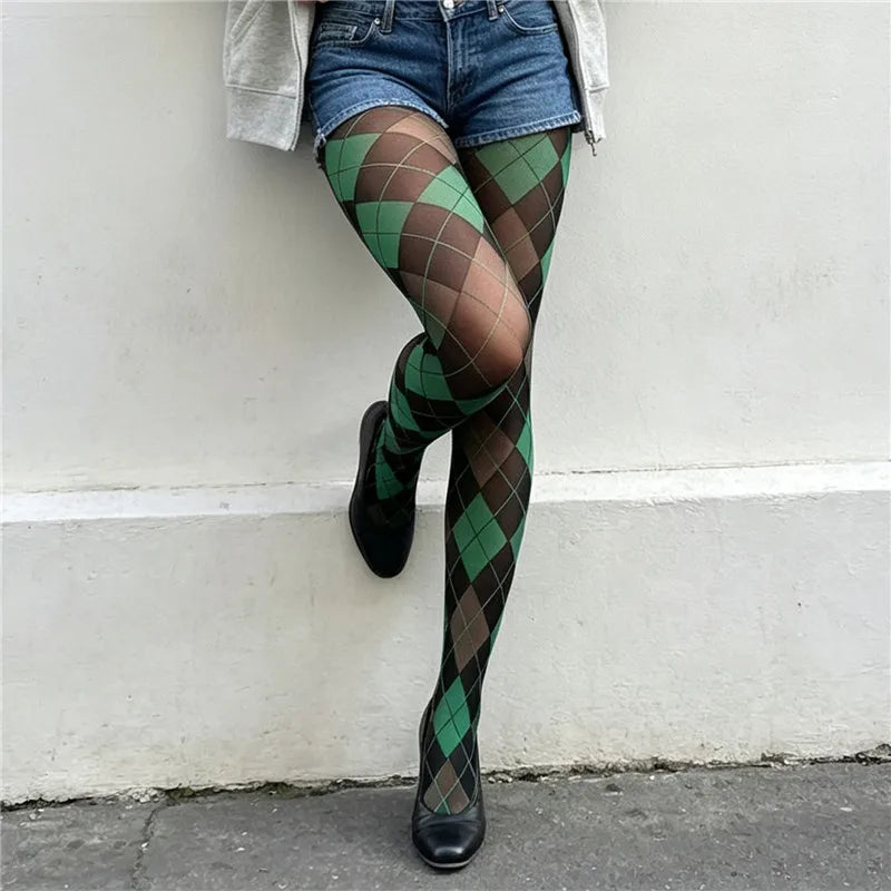 Women Vintage Argyle Pantyhose Classic Diamond Pattern Sheer Mesh Tights Fashion Printed Hosiery Party Cosplay Stockings
