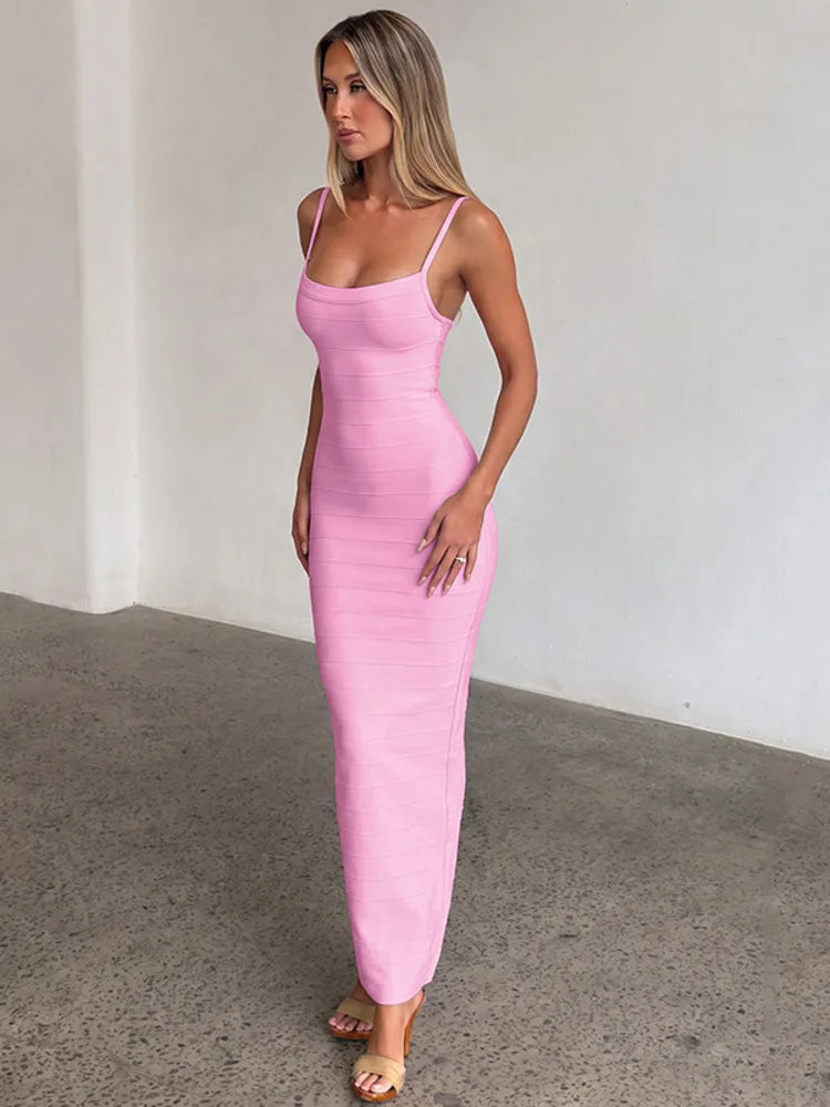 Women Spaghetti Strap Square Neck Sexy Maxi Dress Bodycon Backless Long Dress Elegant Club Night Out Party Dress