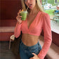 Women Long Sleeve Crop T Shirt Deep V Wrap Front Single Button Padded Bust Puff Shoulder Slim Waist Casual Streetwear