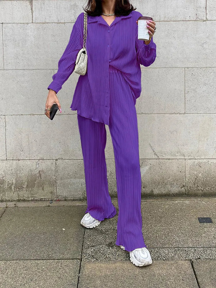 Pleated Loungewear Set Woman 2 Pieces Summer Long Sleeve Button Shirt Trousers Casual Women's Workout Clothing Outfits