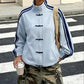 Women Chinese Frog Button Stripe Sleeve Stand Collar Oversized Suede Jacket Loose Zip Up Street Casual Track Outerwear