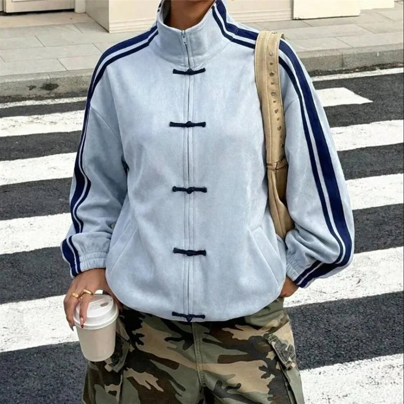 Women Chinese Frog Button Stripe Sleeve Stand Collar Oversized Suede Jacket Loose Zip Up Street Casual Track Outerwear