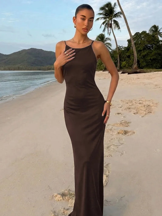 Sleeveless Backless Summer Maxi Dresses 2026 Woman Clothing Elegant Sexy Brown Party Dress
