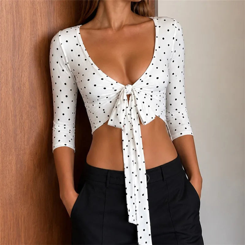 Women Y2K 3/4 Sleeve Wrap Crop Top Deep V Neck Side Tie Slim Fit Cropped Blouse Casual Streetwear Solid Polka Dot Shirt