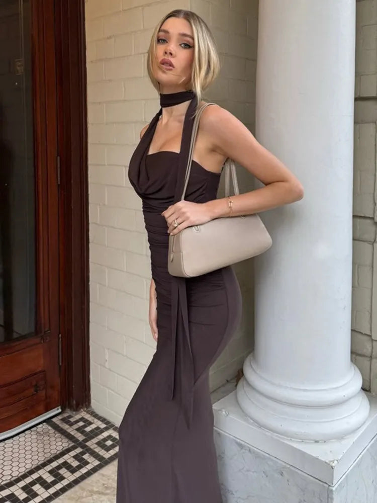 Halter Off-shoulder Sexy Maxi Dress For Women Coffee Strapless Sleeveless Backless Bodycon Club Party Long Dresses