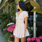 Light Pink Lace Trim Satin Summer Dresses 2026 V Neck Bubble Sleeve Mini Dress Woman Clothing